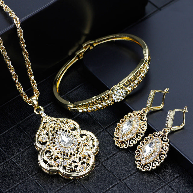 Bracelet Earring Necklace Sets 3pcs White Crystal Morocco Design
