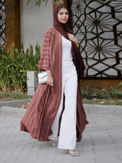 Fashion Muslim Kimono Abaya Solid Striped Retro Ethnic Cardigan