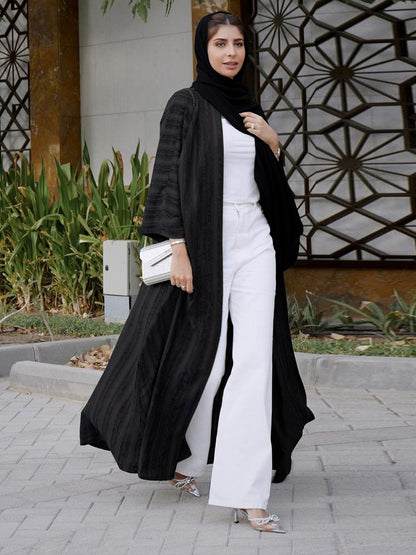 Fashion Muslim Kimono Abaya Solid Striped Retro Ethnic Cardigan