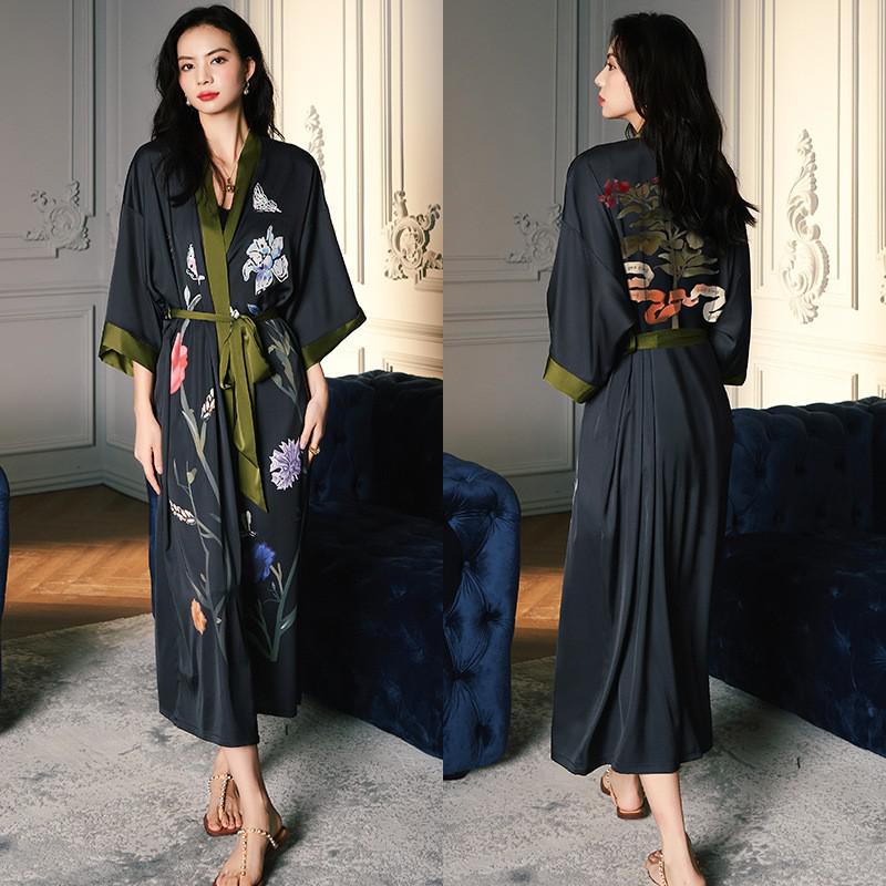 Black Print Floral Long Robe Nightgown Half Sleeve