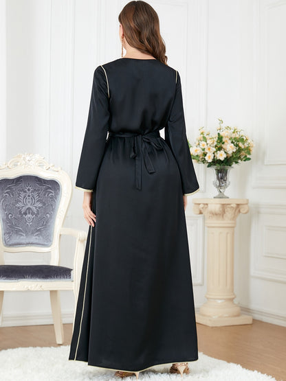 Elegant Muslim Dress Women Abaya Belted Embroidery