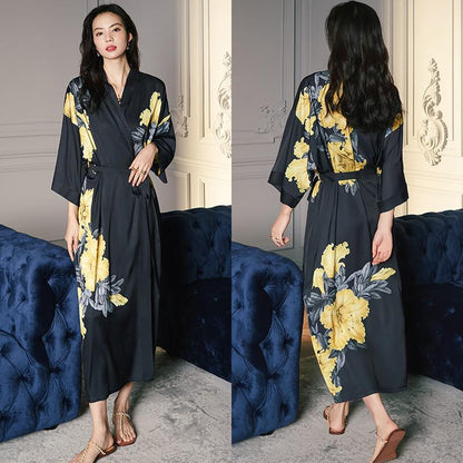 Black Print Floral Long Robe Nightgown Half Sleeve