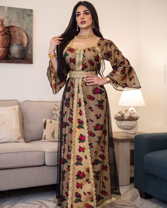 Morocco Kaftan Islamic Clothing Female Fashion Embroidery Mesh Dress