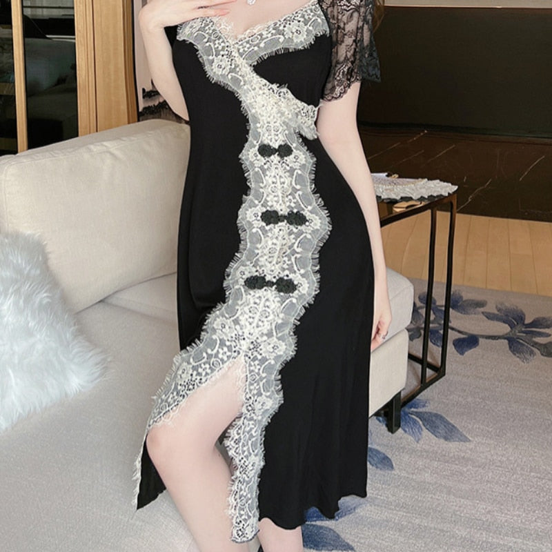 Modal Black Sleep dress Side Split Dressing Gown Short Sleeve