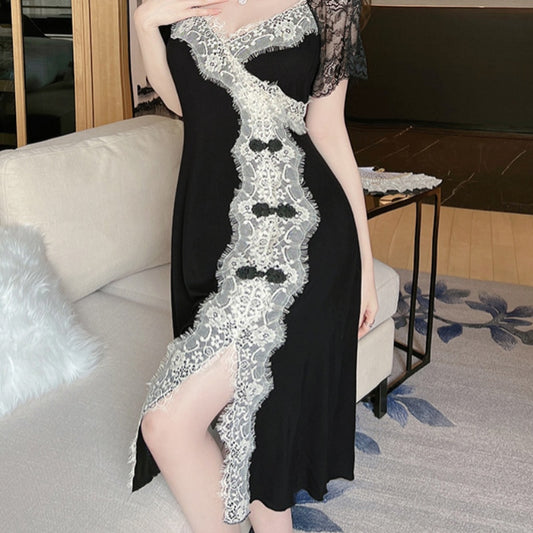 Modal Black Sleep dress Side Split Dressing Gown Short Sleeve
