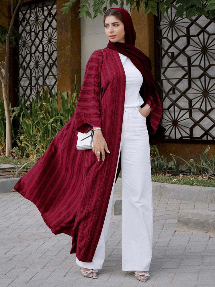 Fashion Muslim Kimono Abaya Solid Striped Retro Ethnic Cardigan