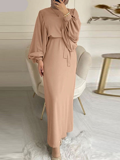 Elegant Muslim Dress For Women Fashion Belted Maxi Solid Long Sleeve