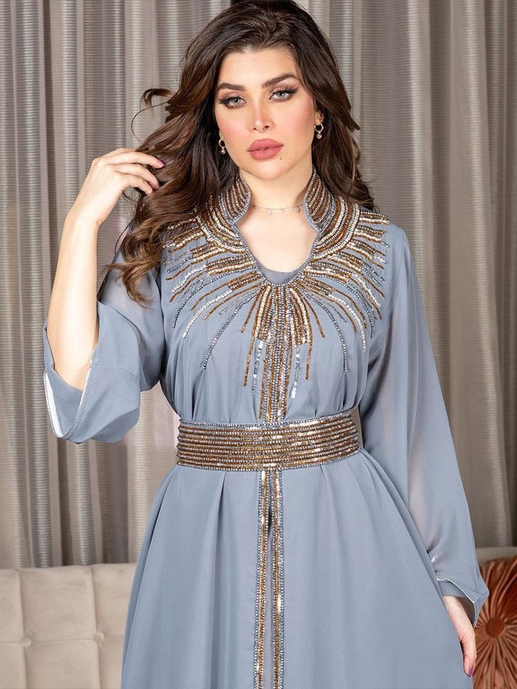 Women Muslim Abaya Stand Collar Fashion Diamond Kaftan Elegant Robe