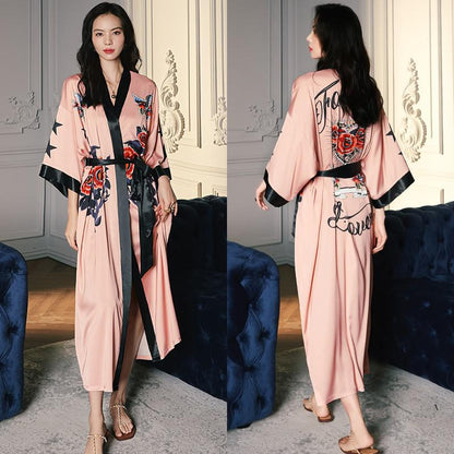 Black Print Floral Long Robe Nightgown Half Sleeve