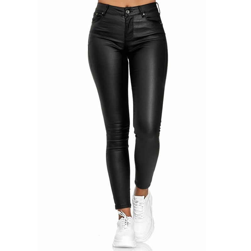 Solid PU Leather Pants Elastic Womens Leisure Trousers