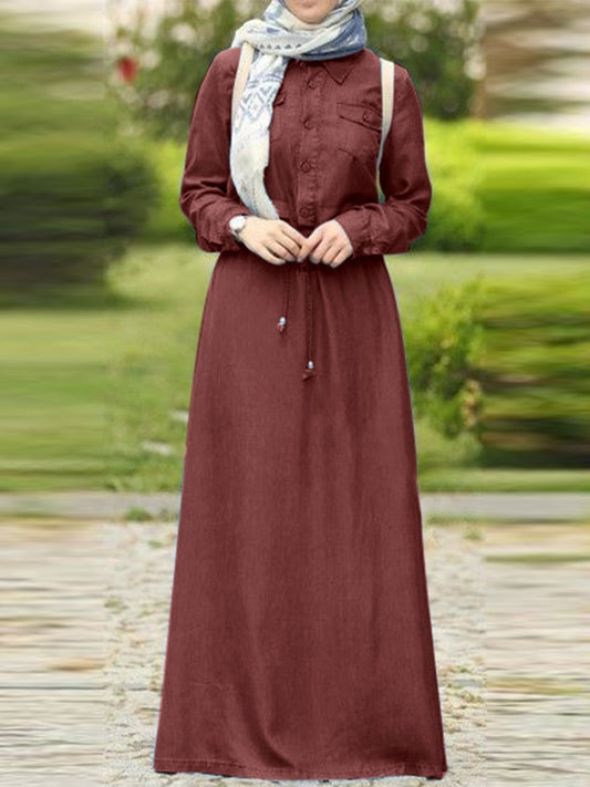 Fashion Muslim Dress Women Lapel Neck Long Sleeve Solid Shirt