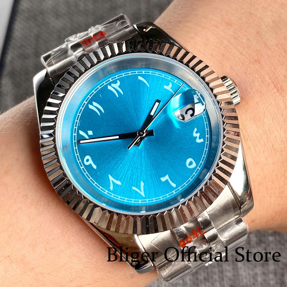 Watch Arabic Numbers New Fluted Bezel Blue Green Dial Sapphire Glass