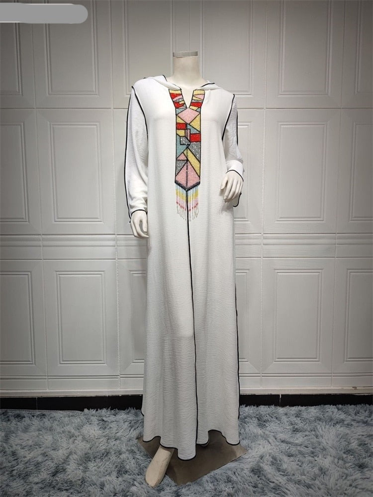 Abayas For Women Hooded Long Sleeve Maxi Dress Rhinestone Beaded