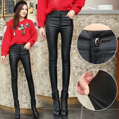 Leather Pants Women´s High Waist Feet Winter Black Casual Pants