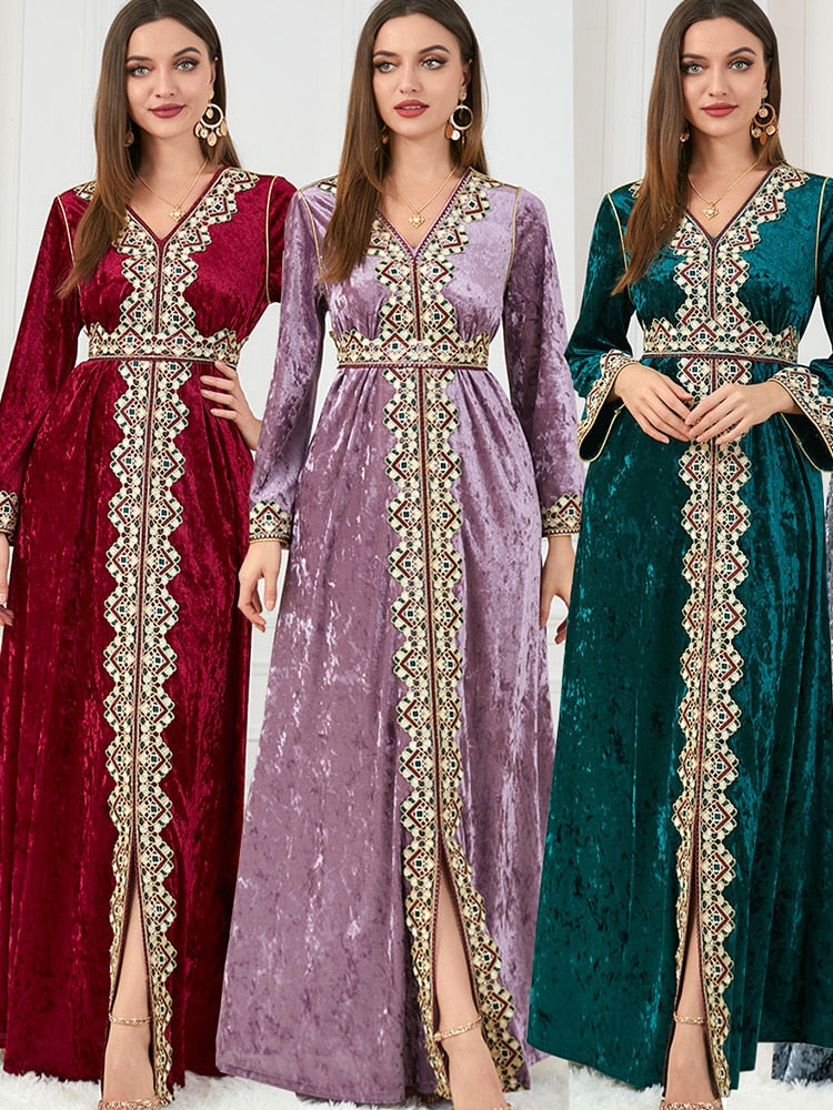 Muslim Women Kaftan Embroidery Party Dress Thicken Split