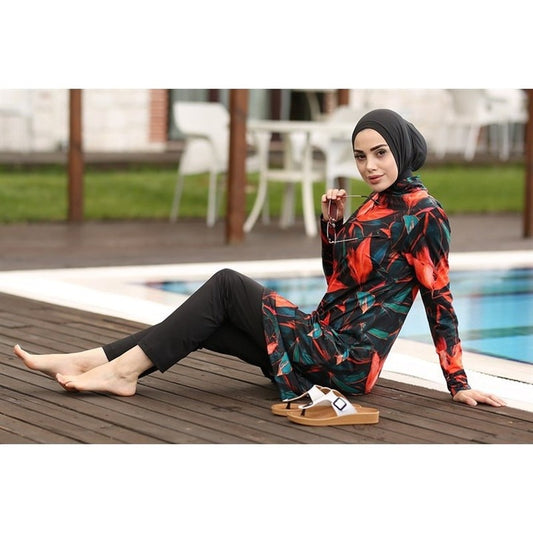 Women Muslim Swimwear Maple Leaf Printing