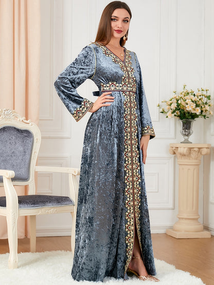 Velvet Muslim Dress Women Kaftan Embroidery Morocco Party Dress