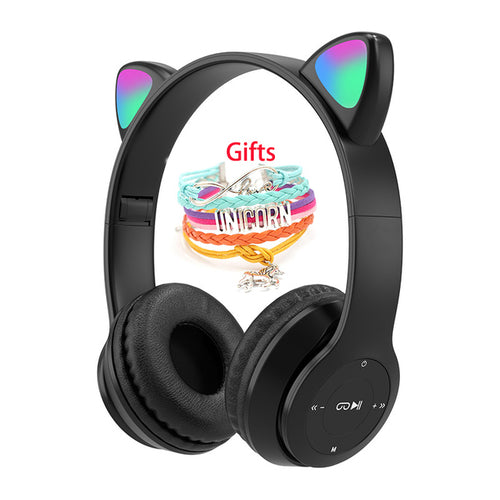 Wireless Headphones Cat Ear With Mic Blue-tooth Glow Light Stereo Bass