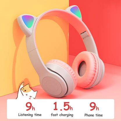 Wireless Headphones Cat Ear With Mic Blue-tooth Glow Light Stereo Bass