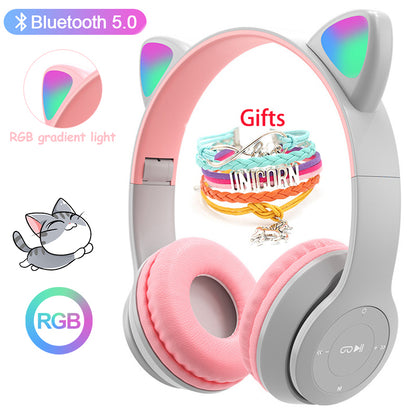 Wireless Headphones Cat Ear With Mic Blue-tooth Glow Light Stereo Bass