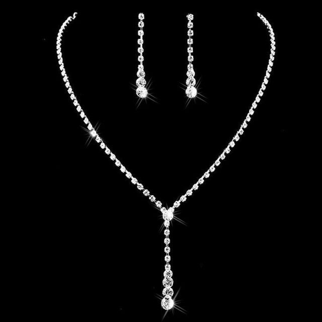 Fashion Drop Crystal Jewelry Set Rhinestone Necklace Earrings