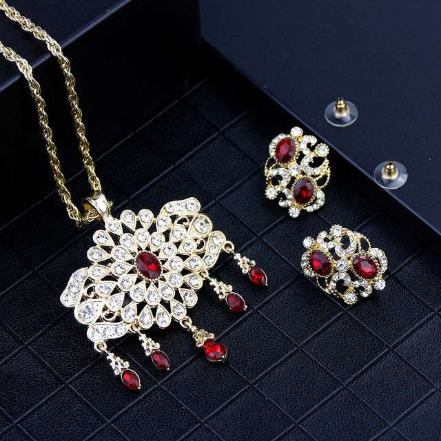 Arabic Gold Color Rhinestone Jewelry Round Pendant Necklace Earring