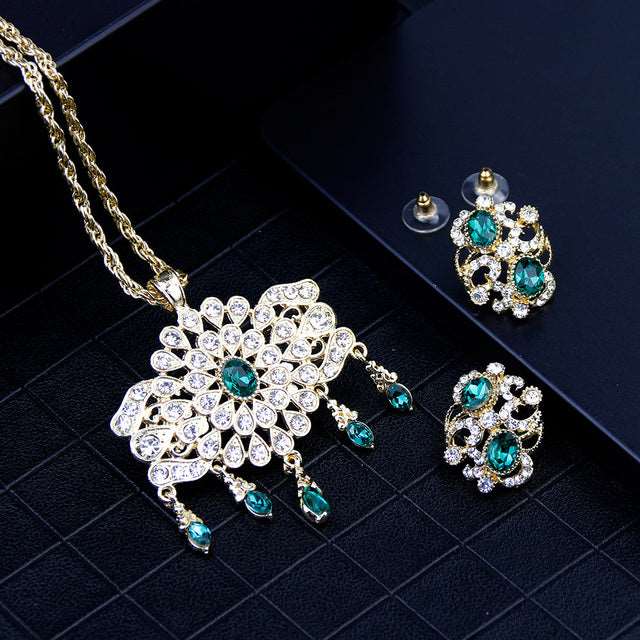 Arabic Gold Color Rhinestone Jewelry Round Pendant Necklace Earring