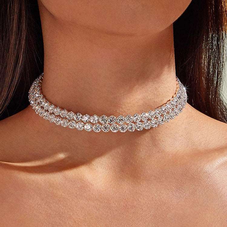 Double-layer Rhinestone Choker Necklace Round Flower Crystal Trendy