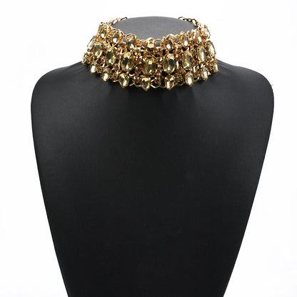 Multi Layered Crystal Choker Necklace Gold Silvery Summer Jewelry