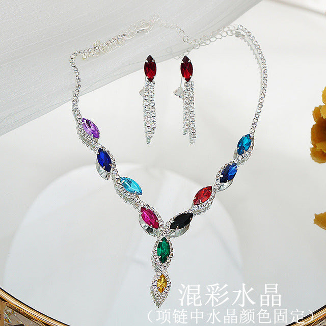 Red Blue Purple Crystal Rhinestone Bridal Wedding Necklace Earrings