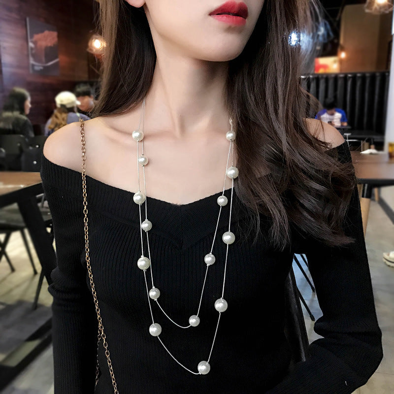 Heart Crystal Beaded Multilayer Sweater Pearl Necklace Trendy Pendant