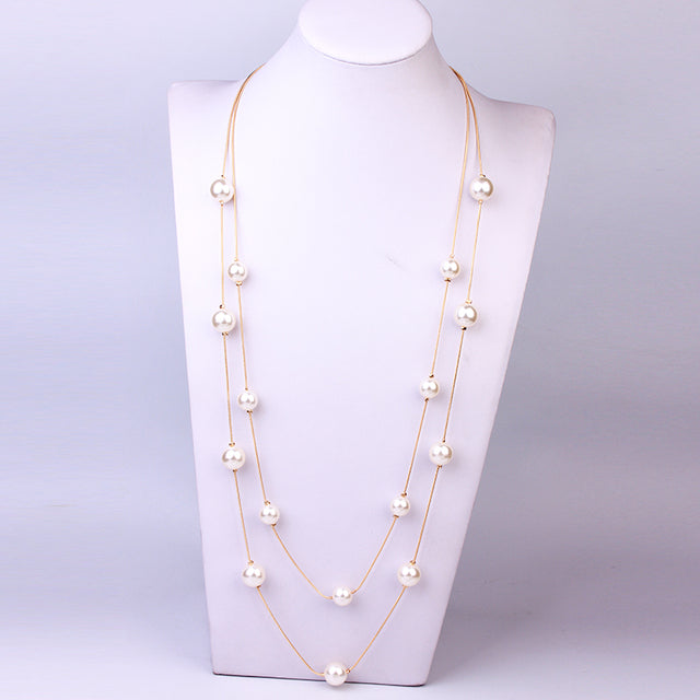 Heart Crystal Beaded Multilayer Sweater Pearl Necklace Trendy Pendant